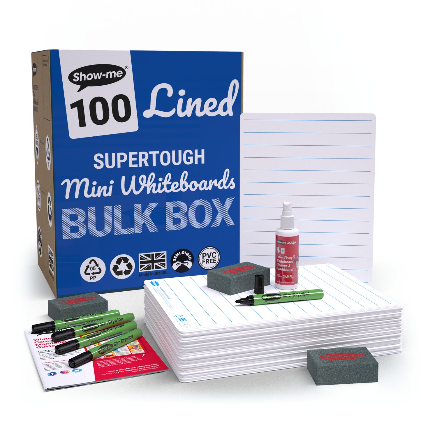 Show-me Bulk Box of 100 x A4 Lined/Plain SUPERTOUGH Whiteboards, with pens and erasers plus 1 free cleaner