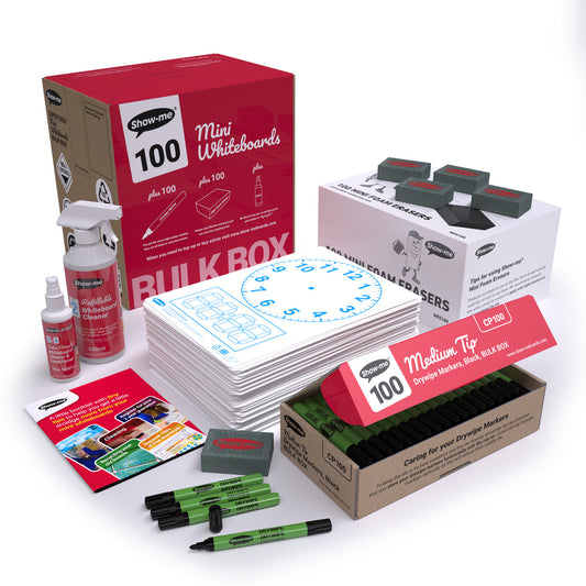 Show-me Bulk Box of 100 x A4 Telling the Time whiteboards, pens and erasers plus 2 free cleaners.