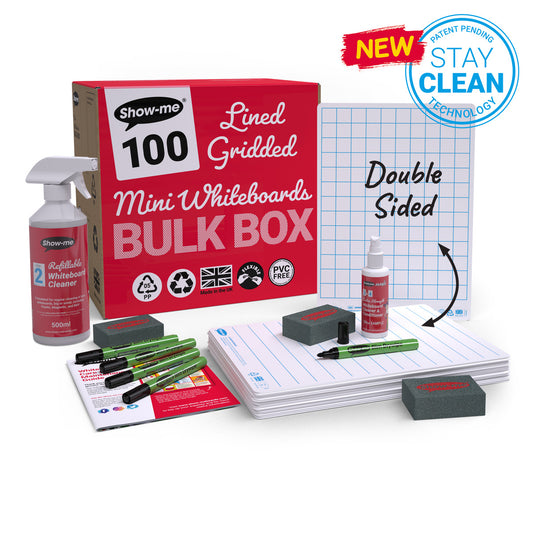 Show-me Bulk Box of 100 x A4 Lined/Gridded Double Sided Whiteboards, pens and erasers plus 2 free cleaners