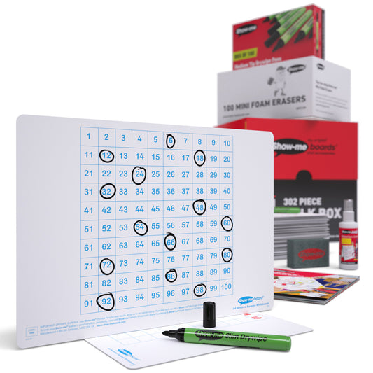 Show-me Bulk Box of 100 x A4 Hundred Square whiteboards, pens and erasers plus 2 free cleaners.