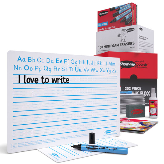 Show-me Bulk Box of 100 x A4 Handwriting whiteboards, pens and erasers plus 2 free cleaners.