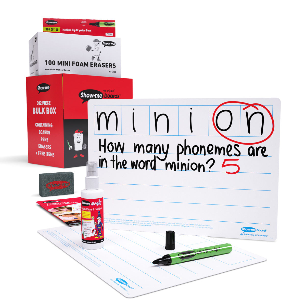 Show-me Bulk Box of 100 x A4 Phoneme 6 Frame Whiteboards, pens and erasers plus 2 free cleaners.