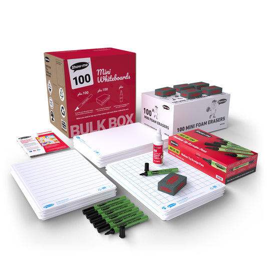 Show-me Bulk Box of 100 x A4 Multi-Design Whiteboards, in 3 designs, with pens and erasers plus 2 free cleaners.