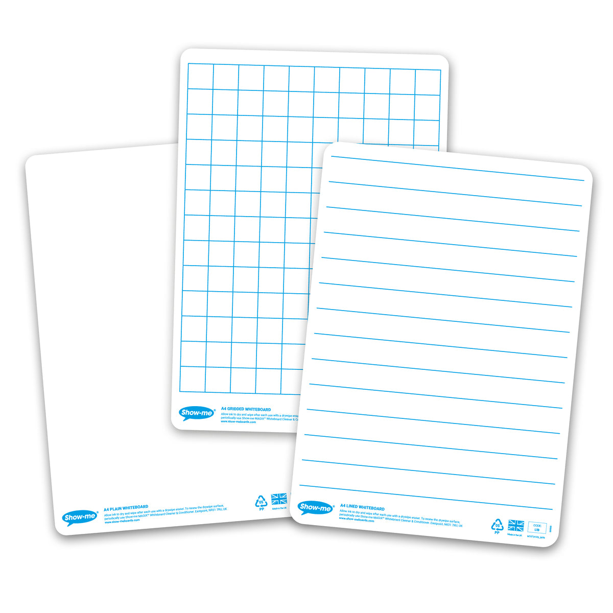 Show-me Bulk Box of 100 x A4 Multi-Design Whiteboards, in 3 designs, with pens and erasers plus 2 free cleaners.