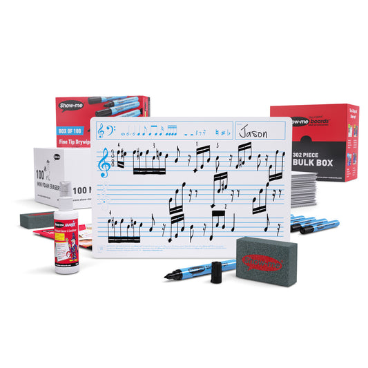 Show-me Bulk Box of 100 x A4 Music Ruled whiteboards, pens and erasers plus 2 free cleaners.