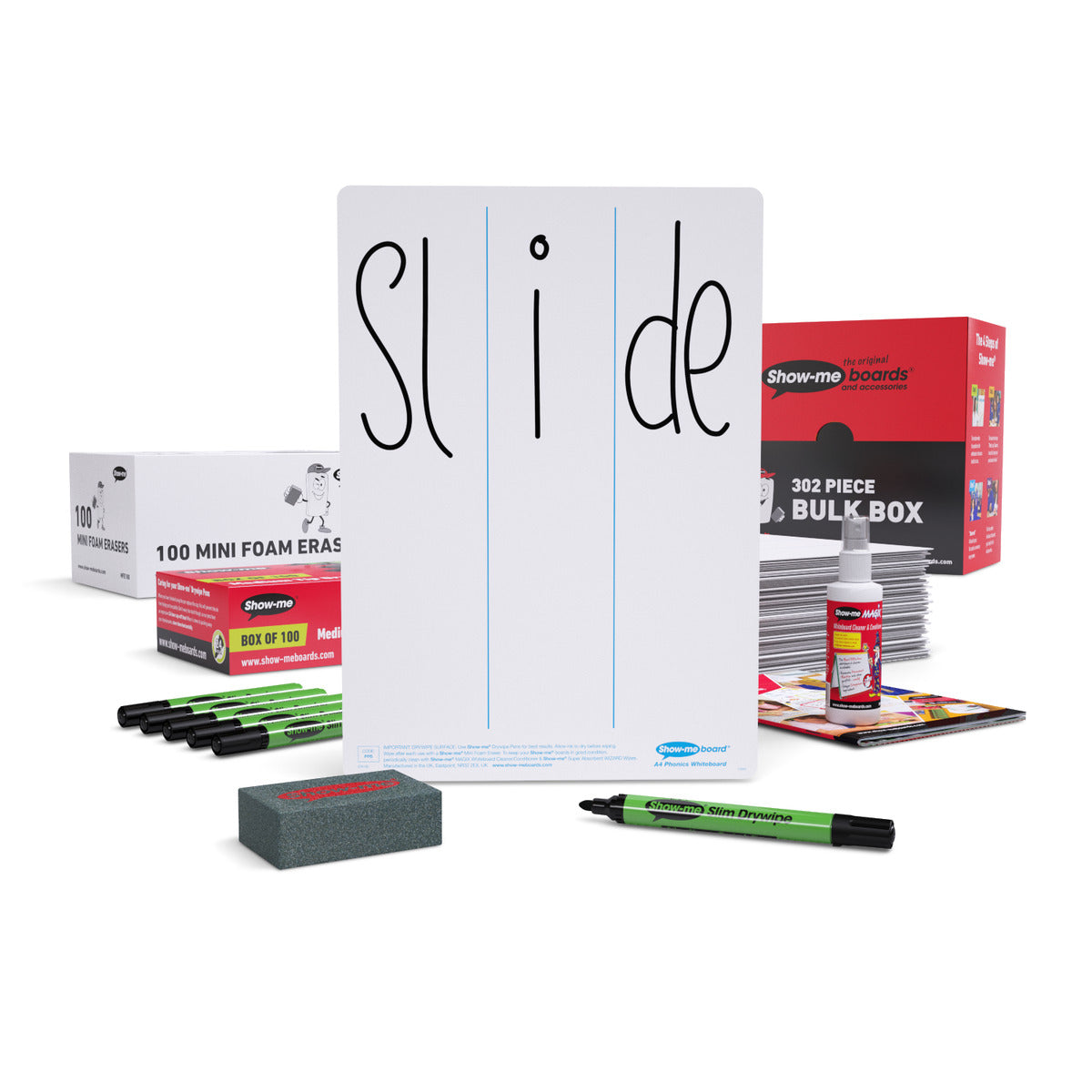 Show-me Bulk Box of 100 x A4 Phonics Progression whiteboards, pens and erasers plus 2 free cleaners.