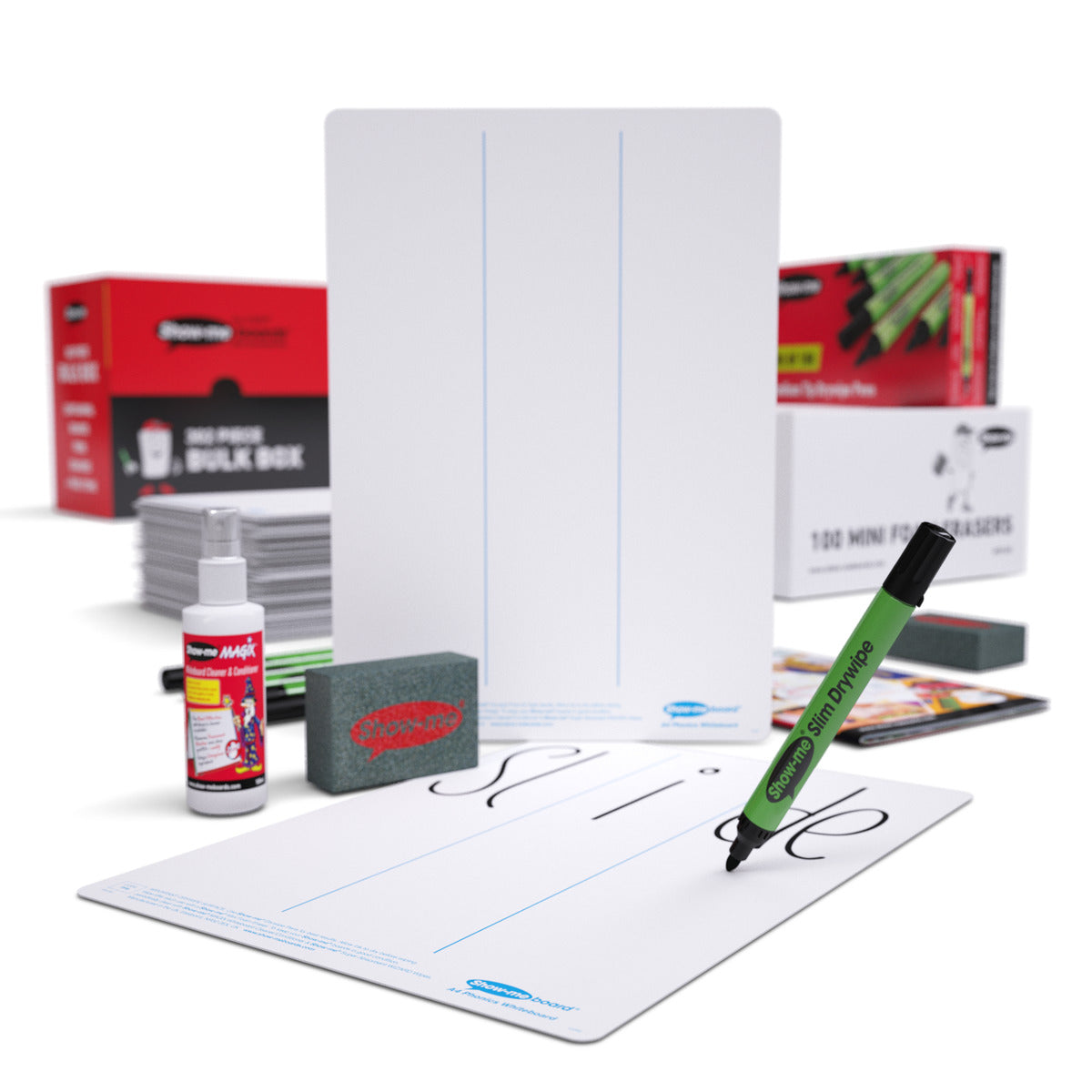 Show-me Bulk Box of 100 x A4 Phonics Progression whiteboards, pens and erasers plus 2 free cleaners.
