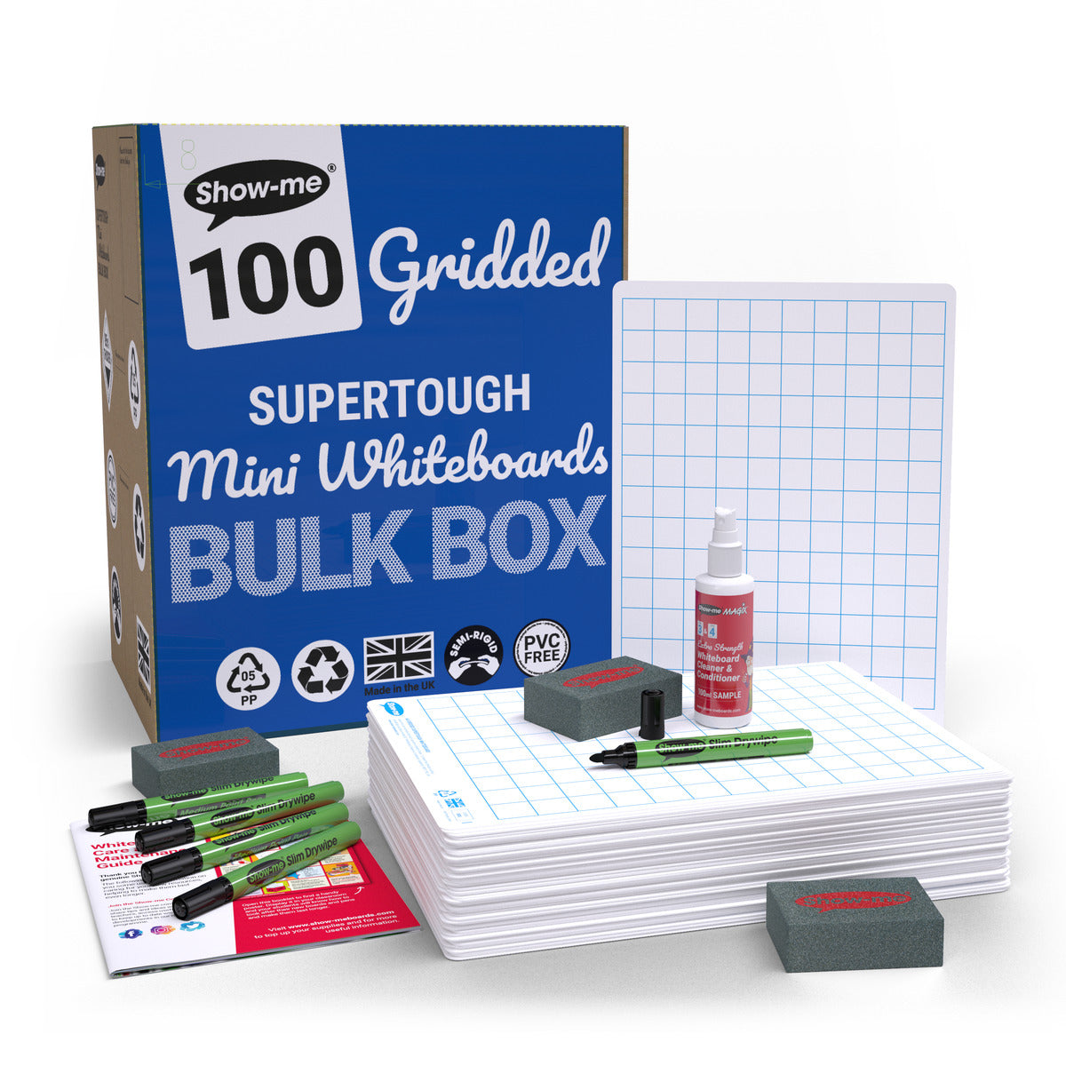 Show-me Bulk Box of 100 x A4 Gridded/Plain SUPERTOUGH Whiteboards, pens and erasers plus 1 free cleaner.