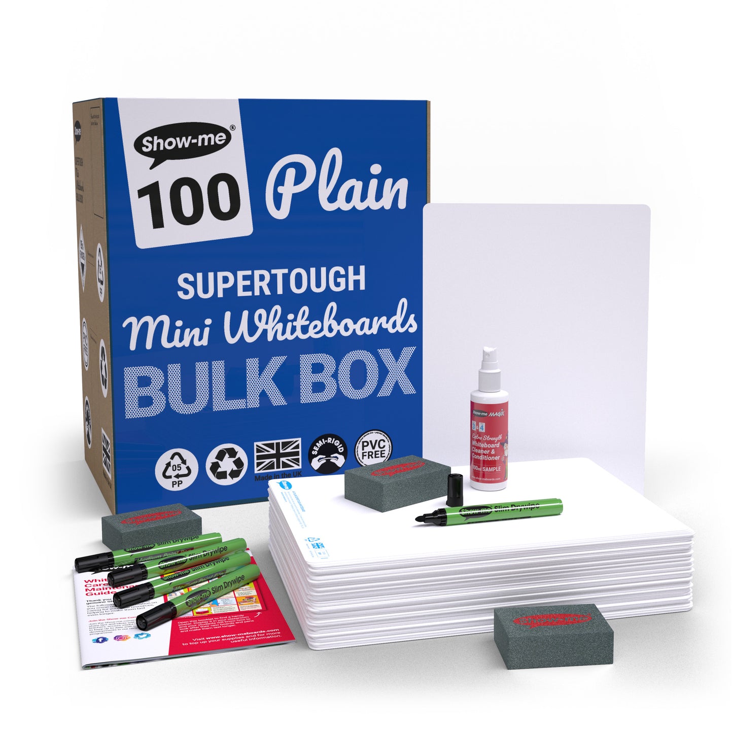 Show-me Bulk Box of 100 x A4 Plain/Plain SUPERTOUGH Whiteboards, pens and erasers plus 1 free cleaner.