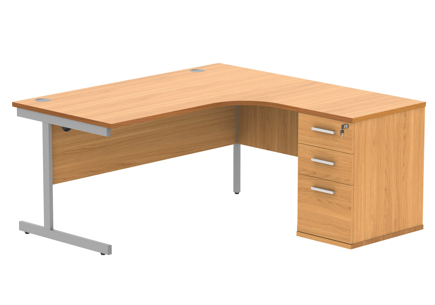 Single Upright Right Hand Radial Desk + Desk High Pedestal | 1600X1200 | Norwegian Beech/Silver
