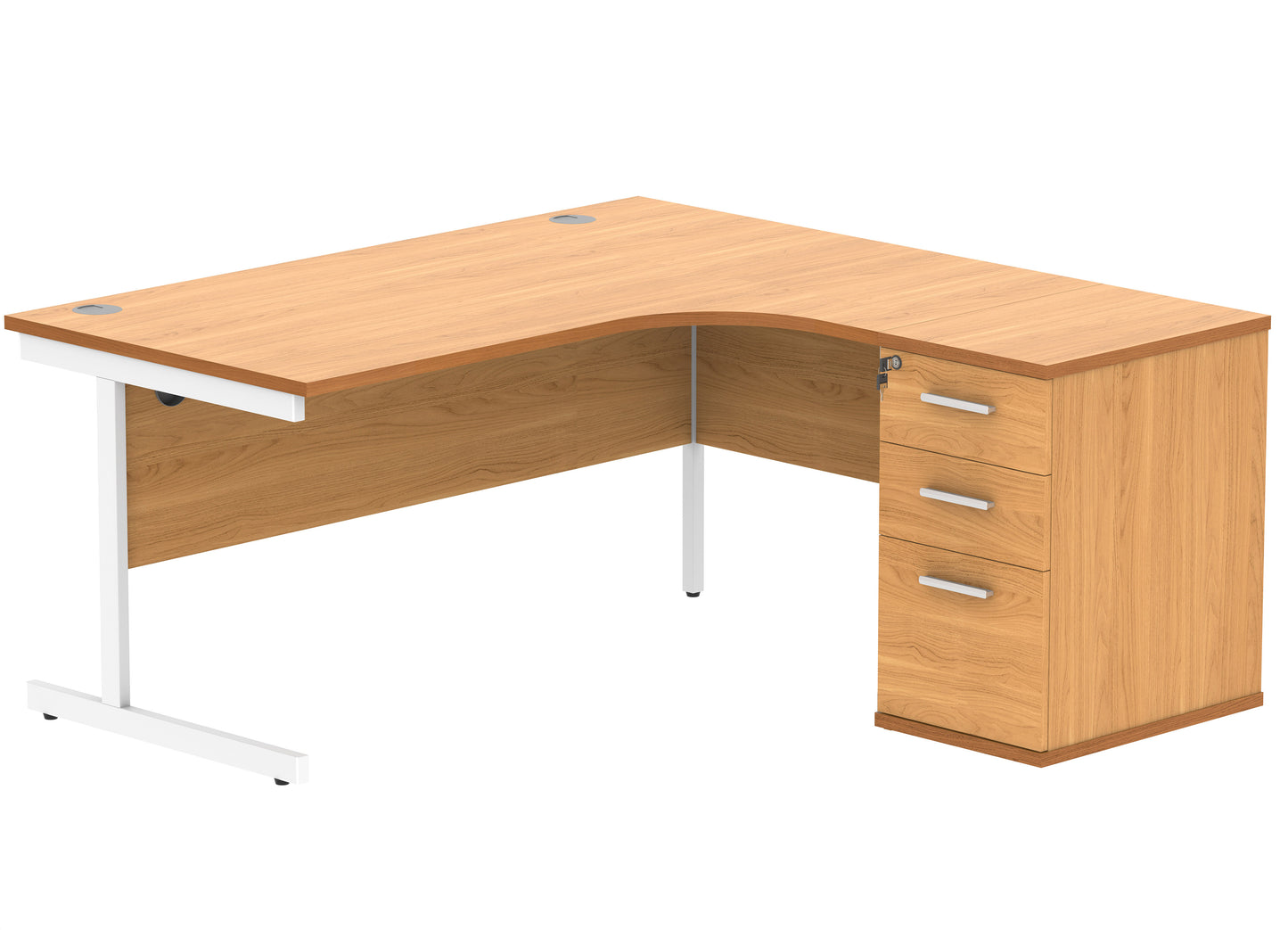Single Upright Right Hand Radial Desk + Desk High Pedestal | 1600X1200 | Norwegian Beech/White
