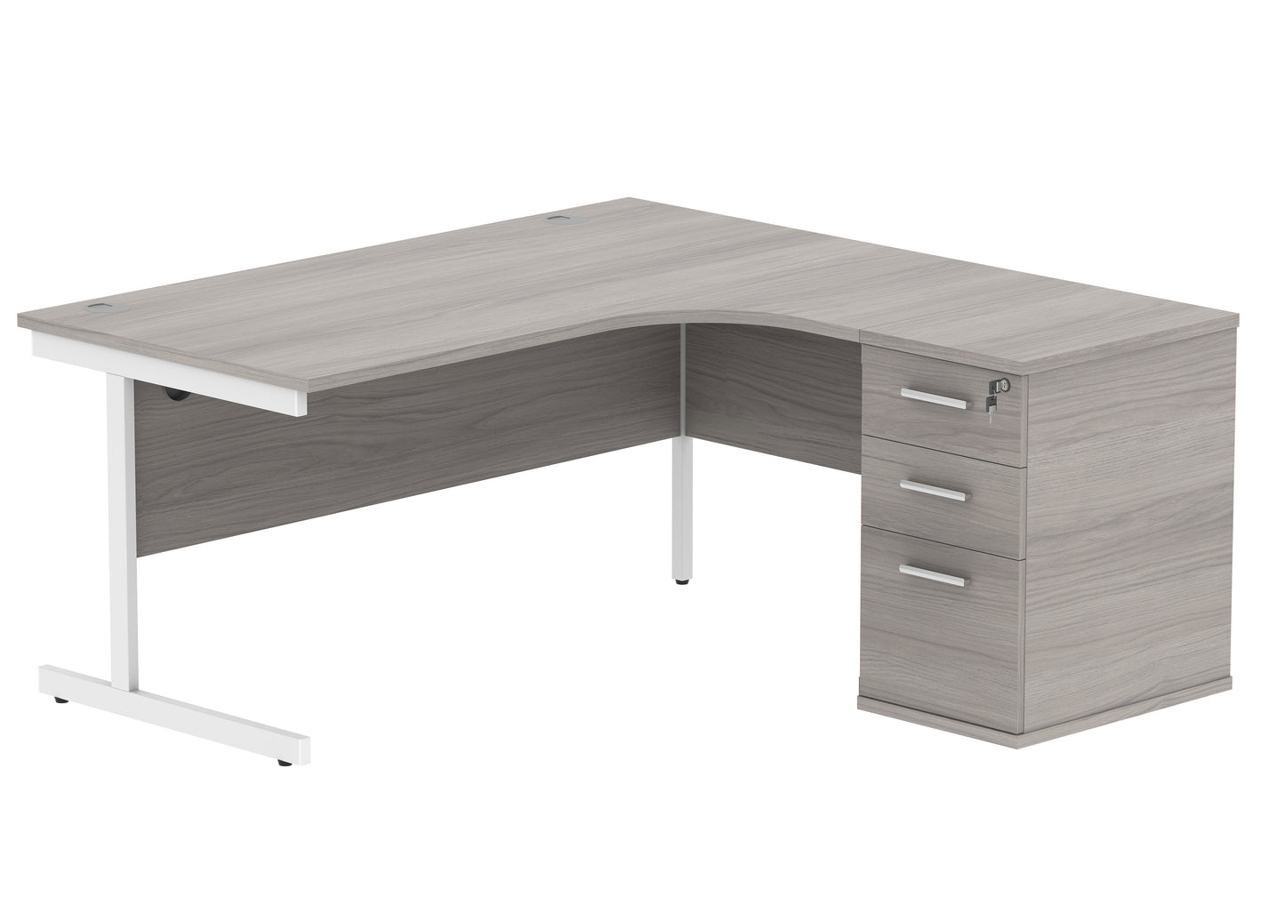 Single Upright Right Hand Radial Desk + Desk High Pedestal | 1600X1200 | Alaskan Grey Oak/White