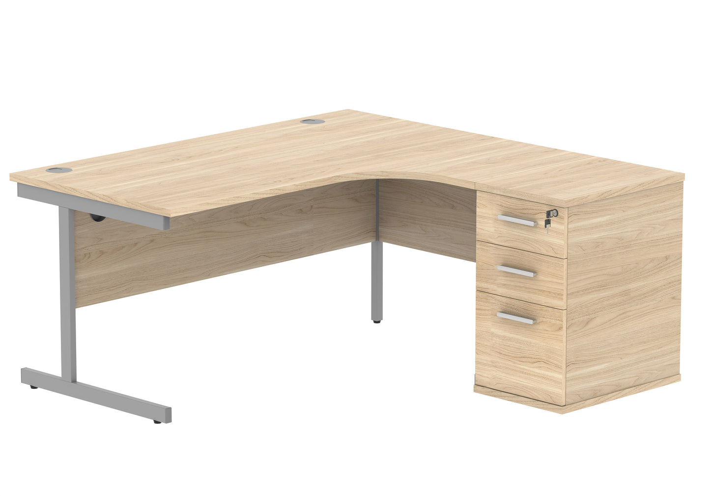 Single Upright Right Hand Radial Desk + Desk High Pedestal | 1600X1200 | Canadian Oak/Silver