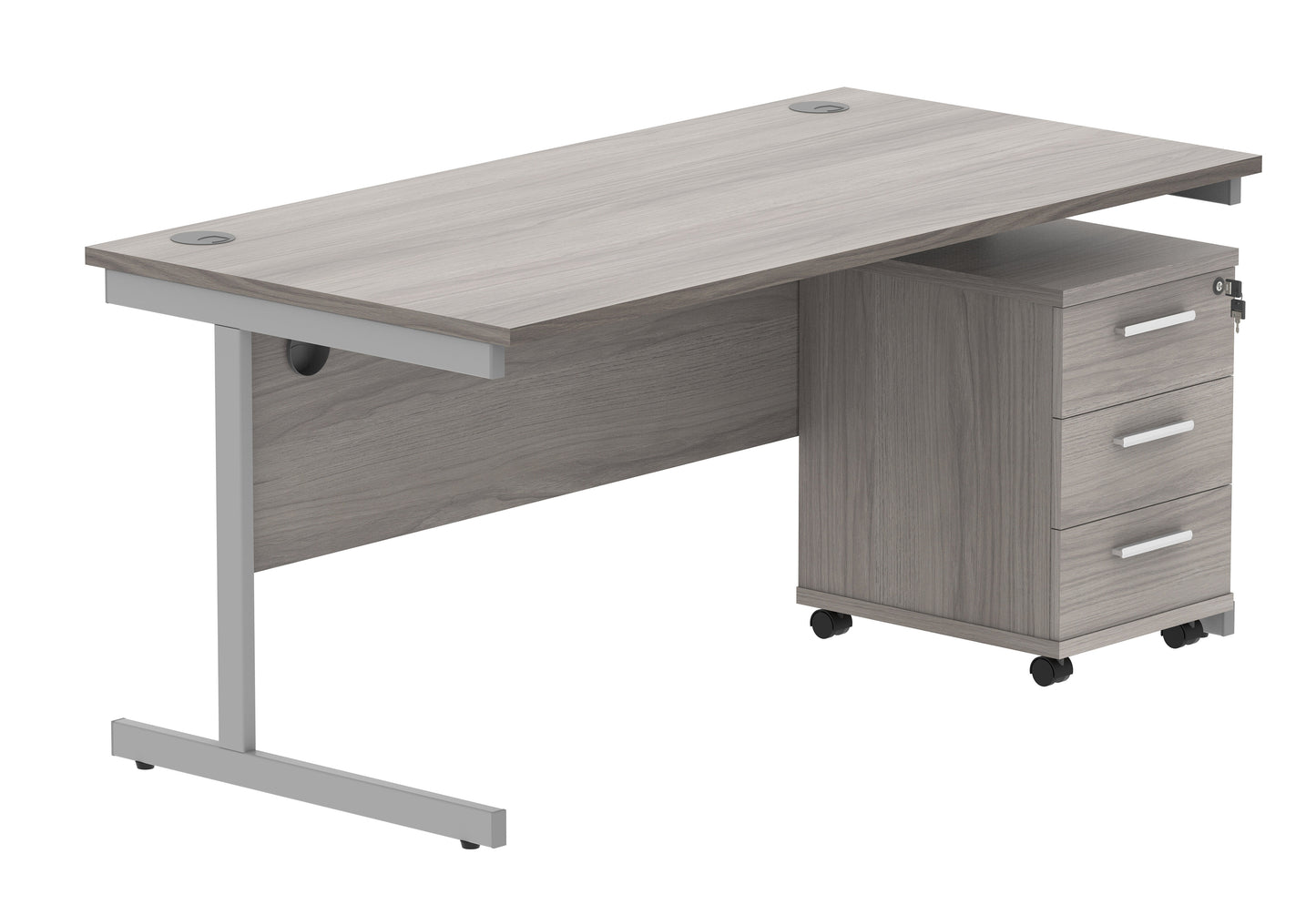 Single Upright Rectangular Desk + 3 Drawer Mobile Under Desk Pedestal | 1600X800 | Alaskan Grey Oak/Silver