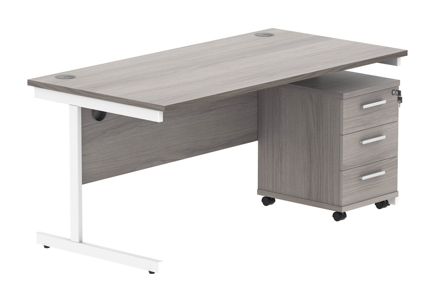 Single Upright Rectangular Desk + 3 Drawer Mobile Under Desk Pedestal | 1600X800 | Alaskan Grey Oak/White