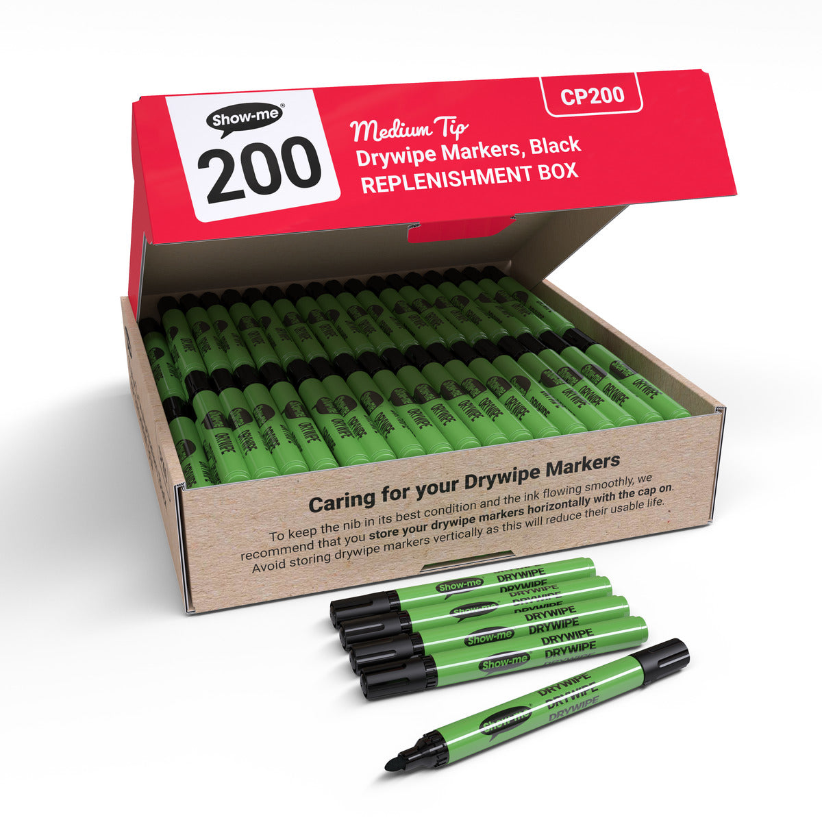 Show-me Box of 200 Medium Tip Slim Barrel Drywipe Markers in Black