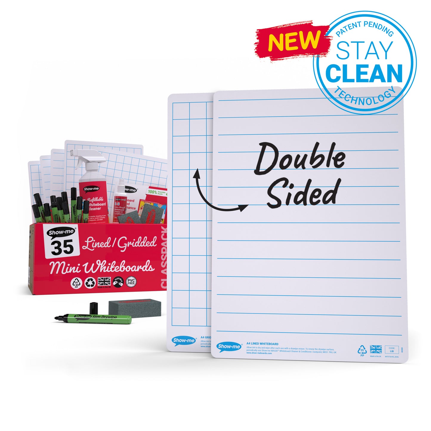 Show-me Classpack of 35 x A4 Lined/Gridded Double Sided Whiteboards, with pens and erasers plus 2 free cleaners.