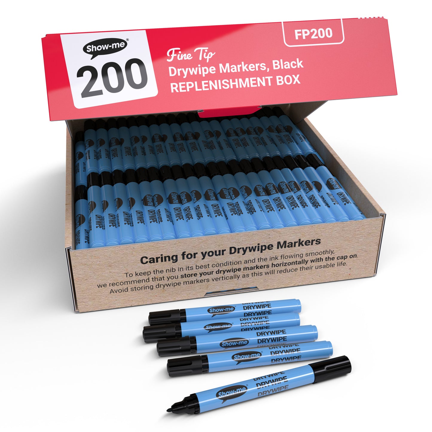 Show-me Box of 200 Fine Point Slim Barrel Drywipe Pens in Black