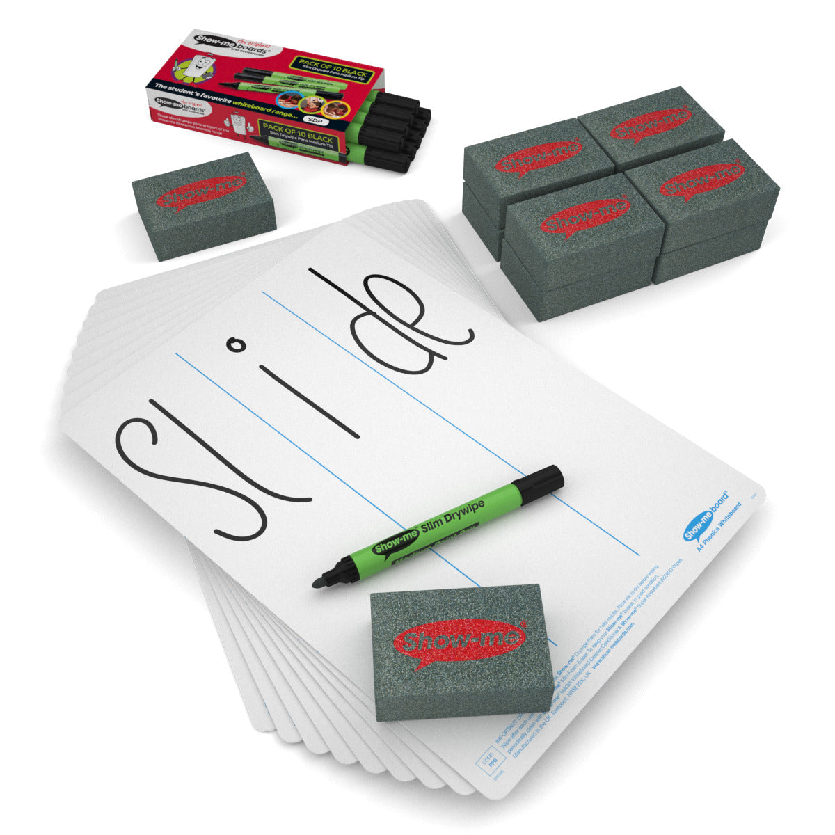 Show-me Bulk Box of 100 x A4 Phonics Progression whiteboards, pens and erasers plus 2 free cleaners.