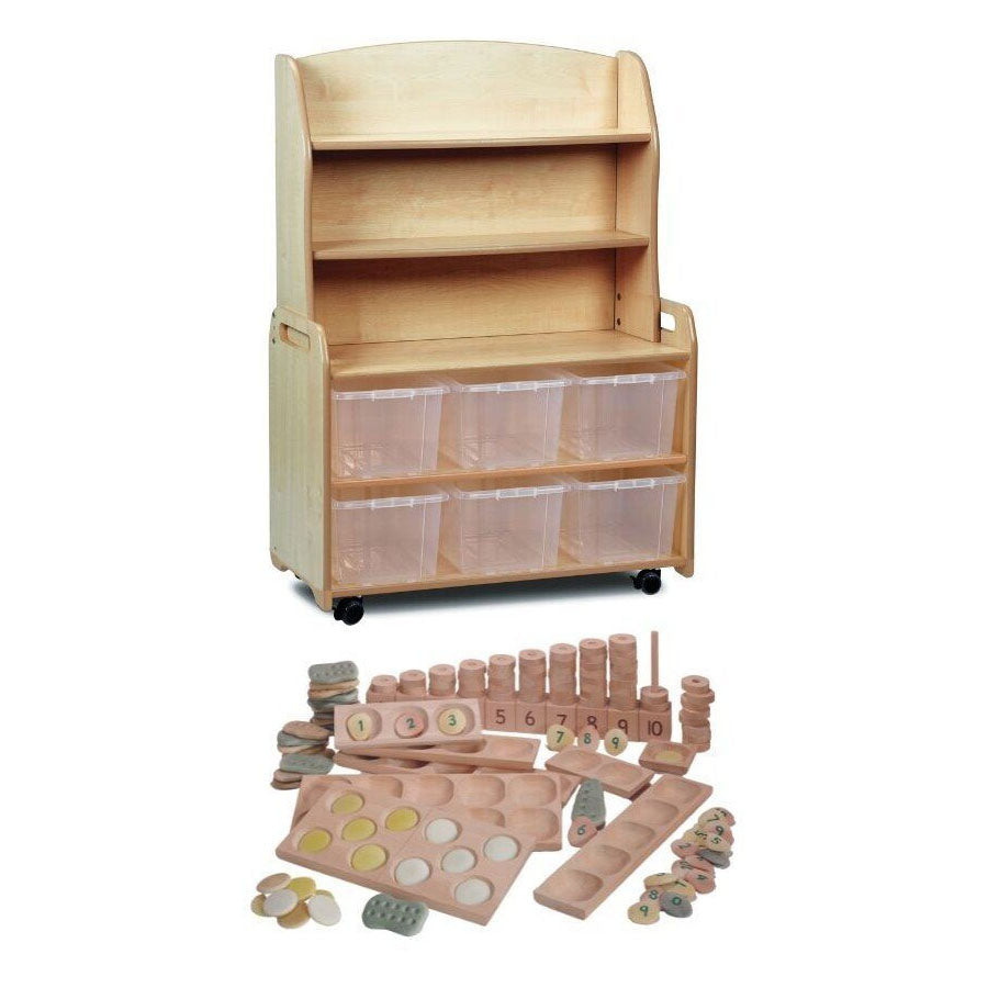 Millhouse Early Years Mobile Welsh Dresser Display Storage with 6 clear tubs and PT1145 Indoor Maths Kit