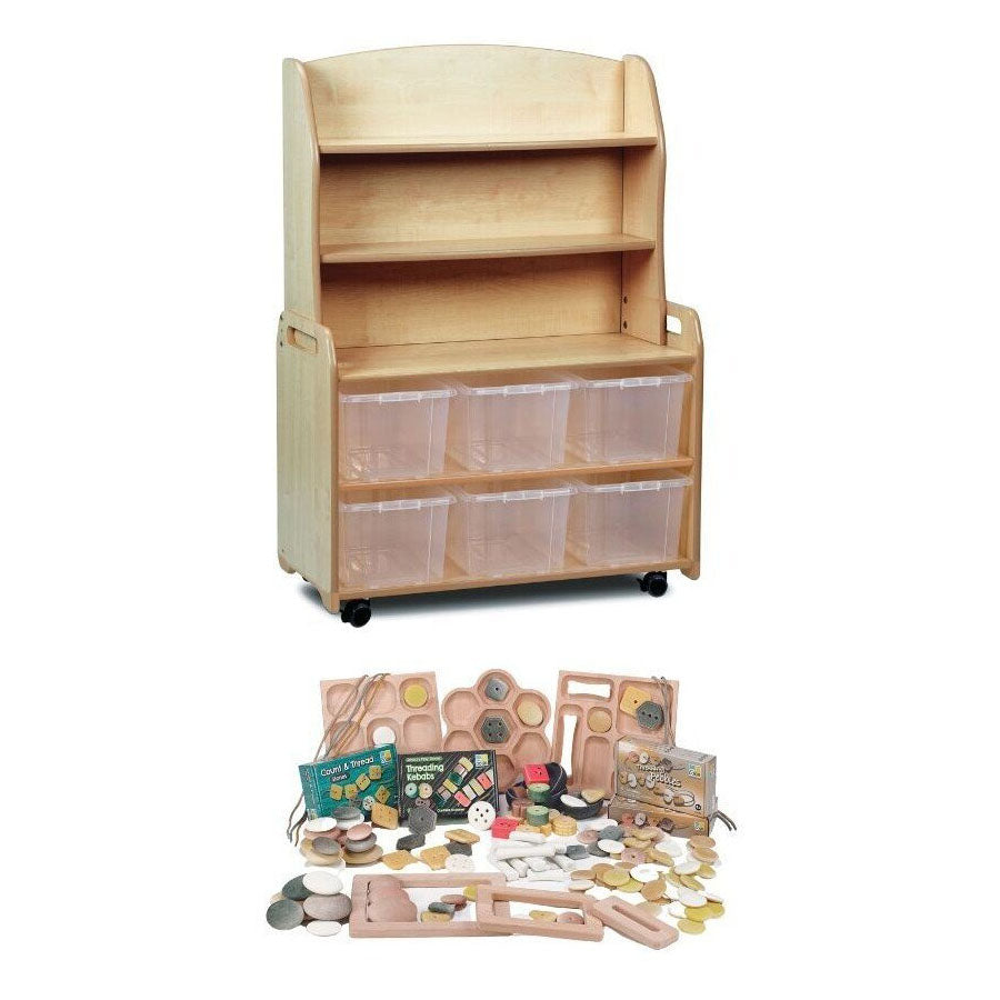 Millhouse Early Years Mobile Welsh Dresser Display Storage with 6 clear tubs and PT1146 Loose Parts Kit