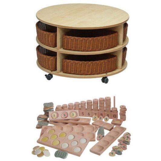 Millhouse Early Years Double Tier Mobile Circular Storage Unit plus Baskets and PT1145 Indoor Maths Kit