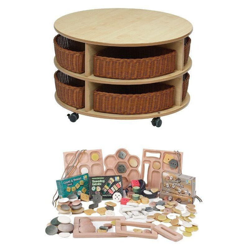 Millhouse Early Years Double Tier Mobile Circular Storage Unit plus Baskets and PT1146 Loose Parts Kit