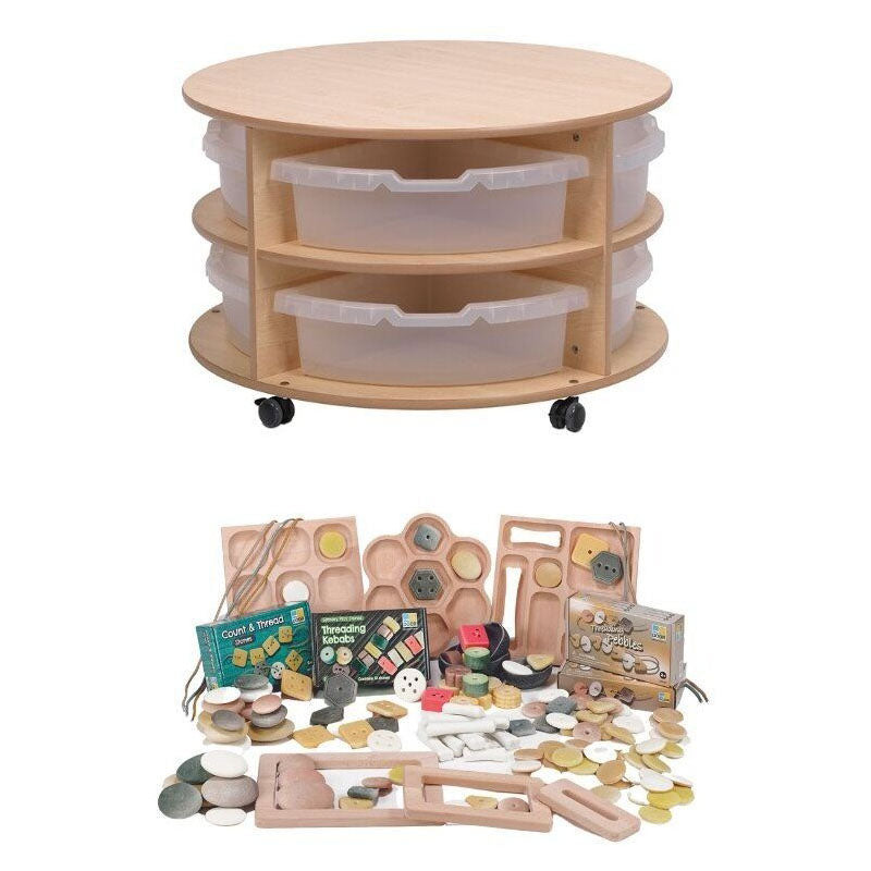 Millhouse Early Years Double Tier Mobile Circular Storage Unit plus Clear Tubs and PT1146 Loose Parts Kit