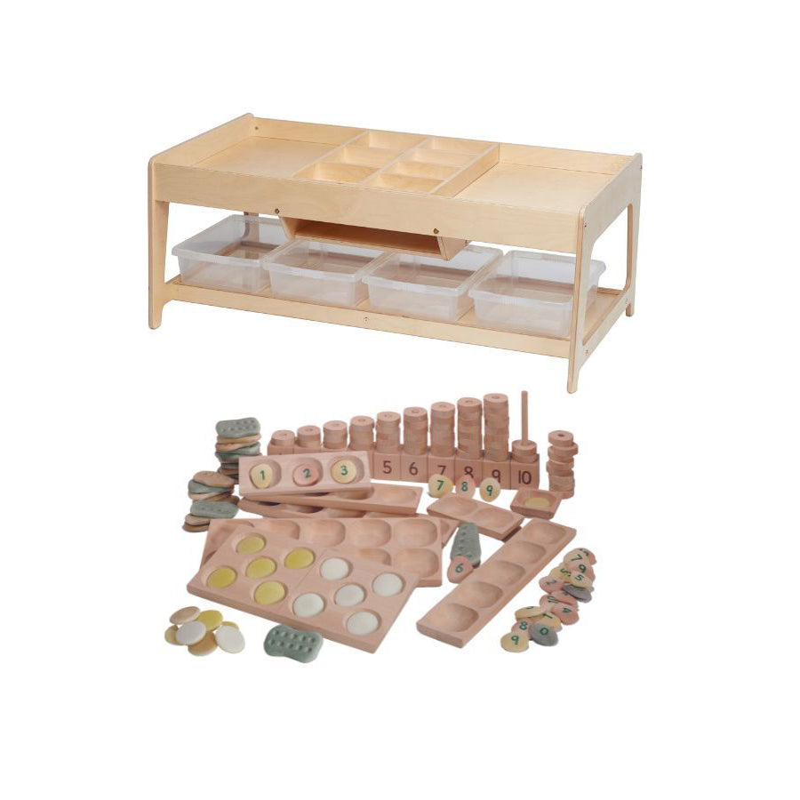 Millhouse Early Years Investigative Play Table and 4 Clear Tubs with Indoor Maths Collection