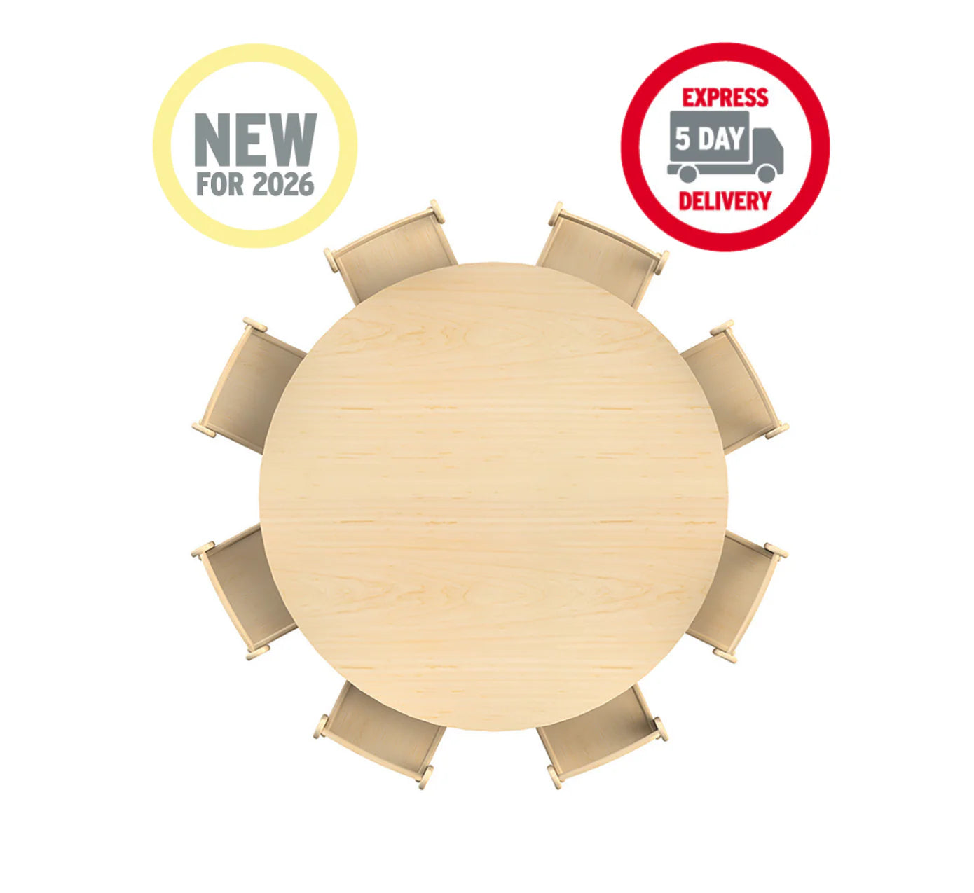 Large Circular Adjustable Table (1200mm Dia) + 8 Beech Stacking Chairs