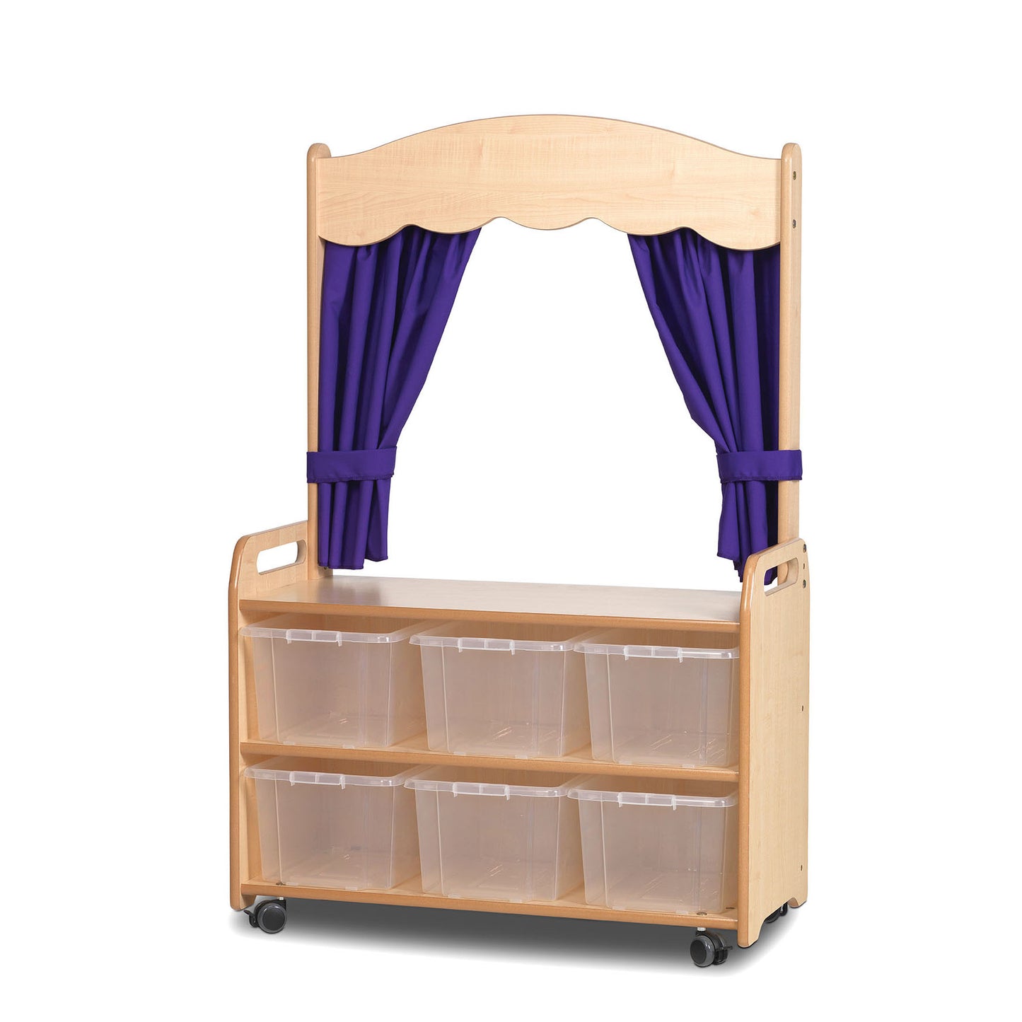 Millhouse Early Years Mobile Tall Unit with Theatre Add-on with 6 Clear Tubs and Purple Curtains