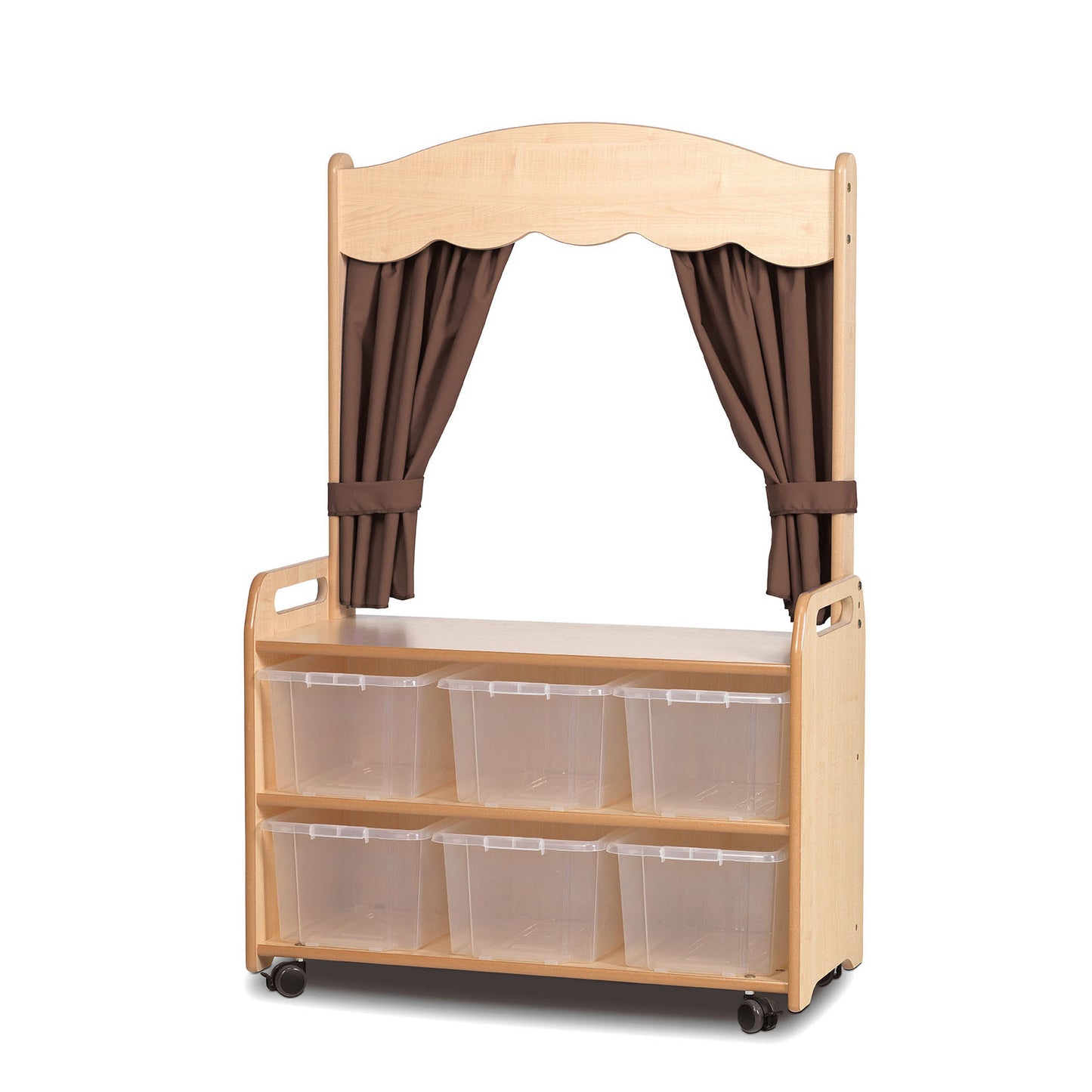 Millhouse Early Years Mobile Tall Unit with Theatre Add-on with 6 Clear Tubs and Taupe Curtains