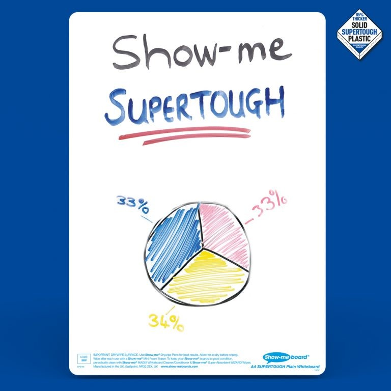 Show-me Bulk Box of 100 x A4 Plain/Plain SUPERTOUGH Whiteboards, pens and erasers plus 1 free cleaner.