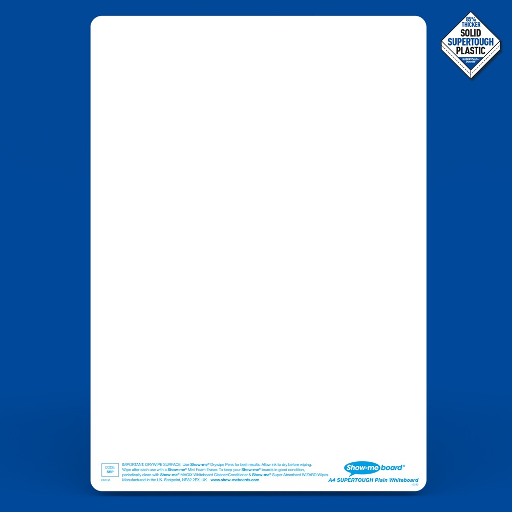 Show-me Bulk Box of 100 x A4 Plain/Plain SUPERTOUGH Whiteboards, pens and erasers plus 1 free cleaner.