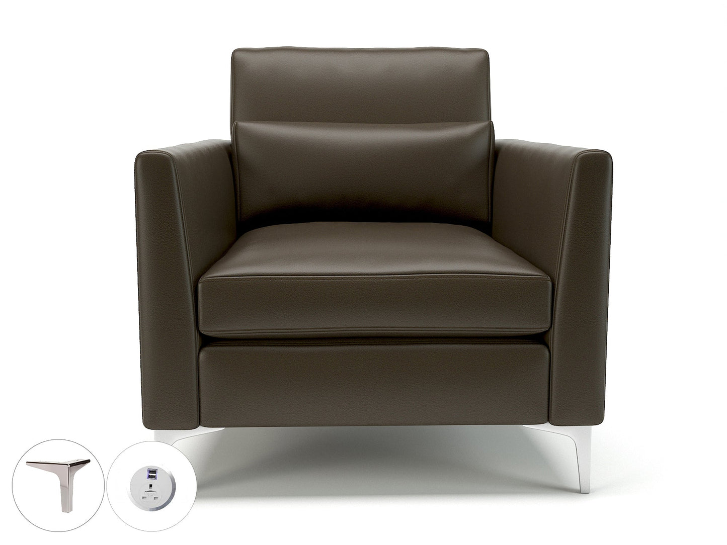 Roselle 90cm Wide Armchair in Cristina Marrone Ultima Faux Leather with Socket