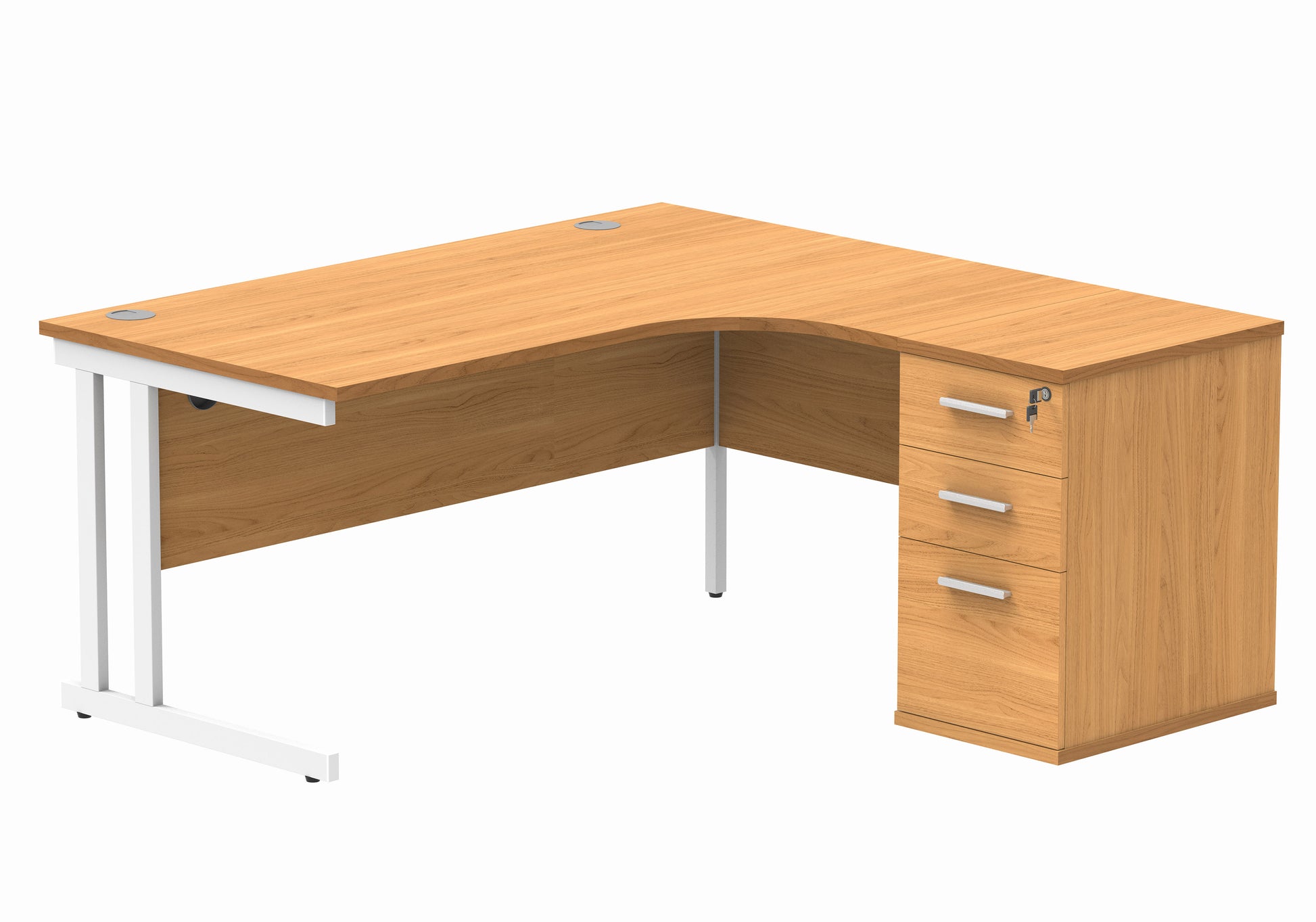 Double Upright Right Hand Radial Desk + Desk High Pedestal | 1600X1200 | Norwegian Beech/White