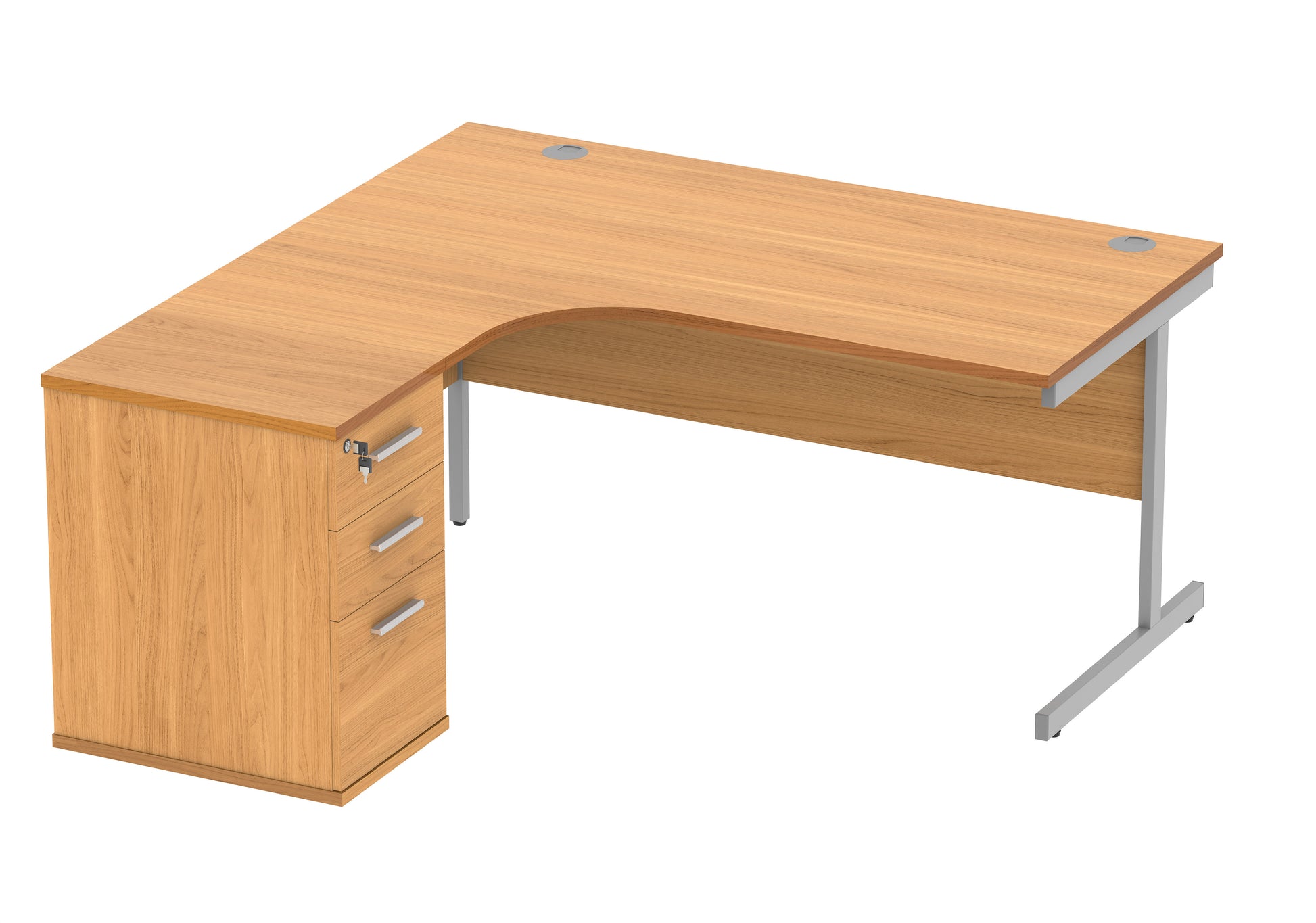 Single Upright Left Hand Radial Desk + Desk High Pedestal | 1600X1200 | Norwegian Beech/Silver