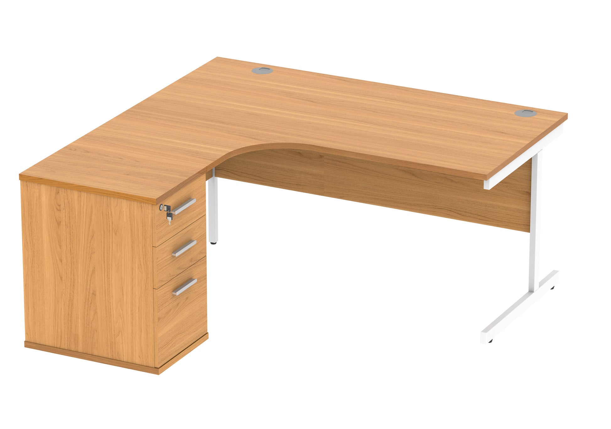 Single Upright Left Hand Radial Desk + Desk High Pedestal | 1600X1200 | Norwegian Beech/White
