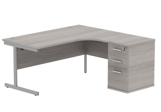 Single Upright Right Hand Radial Desk + Desk High Pedestal | 1600X1200 | Alaskan Grey Oak/Silver