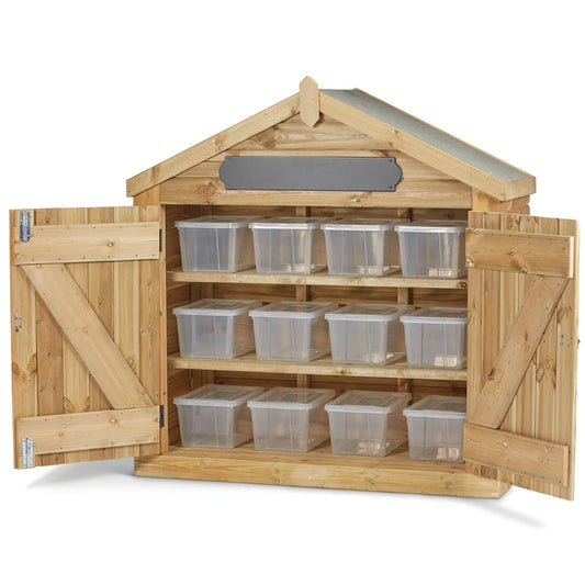 Millhouse Early Years Loose Parts Lodge With 12 Clear Tubs