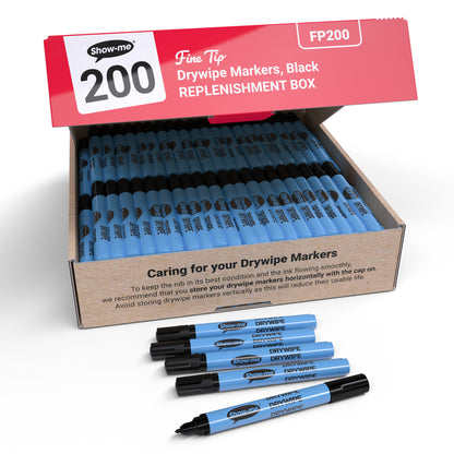 Show-me Box of 200 Fine Point Slim Barrel Drywipe Pens in Black