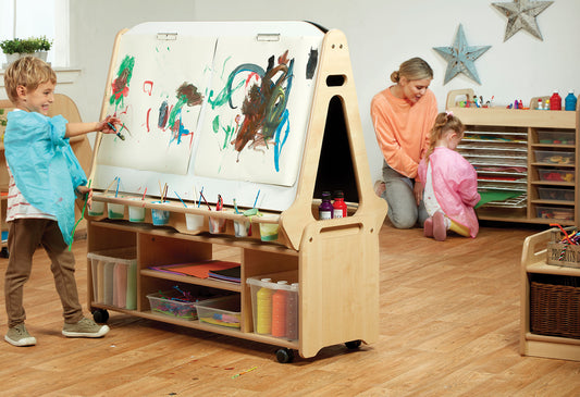 Millhouse Early Years Double-sided 4 Station Chalk/Whiteboard Easel with Tall Easel Storage Trolley