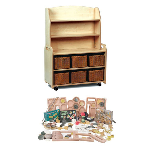 Millhouse Early Years Mobile Welsh Dresser Display Storage with 6 baskets and PT1145 Indoor Maths Kit