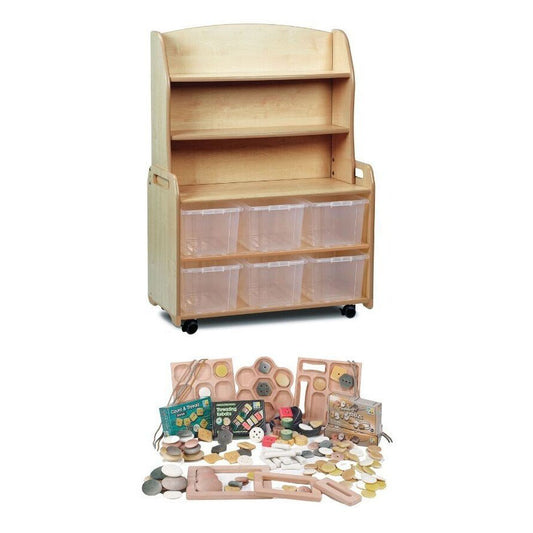 Millhouse Early Years Mobile Welsh Dresser Display Storage with 6 clear tubs and PT1146 Loose Parts Kit