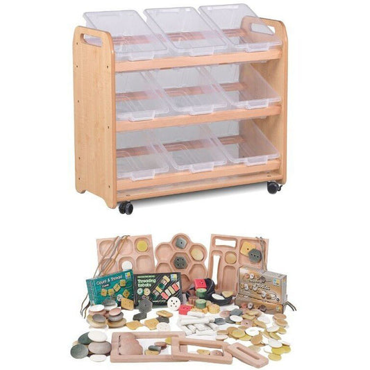 Millhouse Early Years Tilt Tote Storage with 9 Clear Tubs plus PT1146 Loose Parts Kit