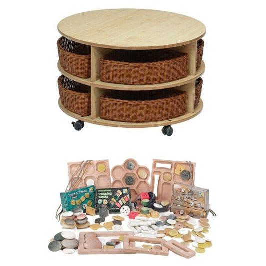 Millhouse Early Years Double Tier Mobile Circular Storage Unit plus Baskets and PT1146 Loose Parts Kit