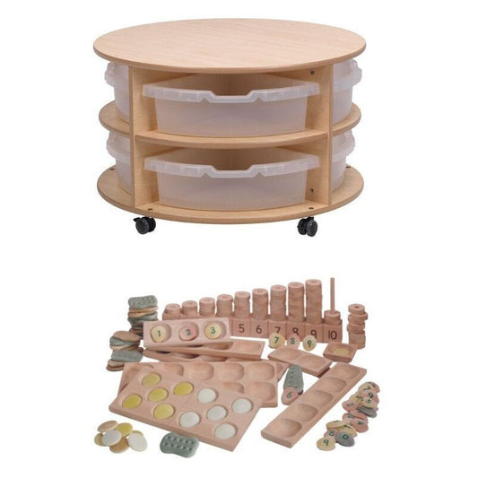 Millhouse Early Years Double Tier Mobile Circular Storage Unit plus Clear Tubs and PT1145 Indoor Maths Kit