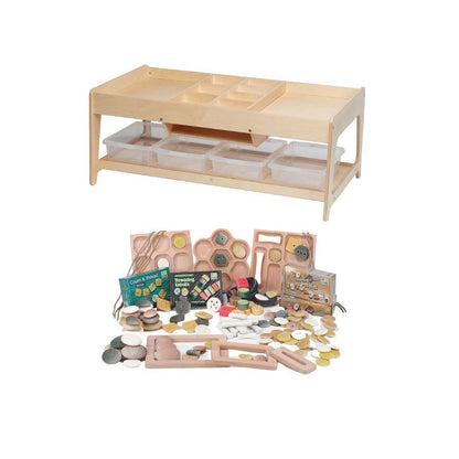 Millhouse Early Years Investigative Play Table and 4 Clear Tubs and Loose Parts Collection