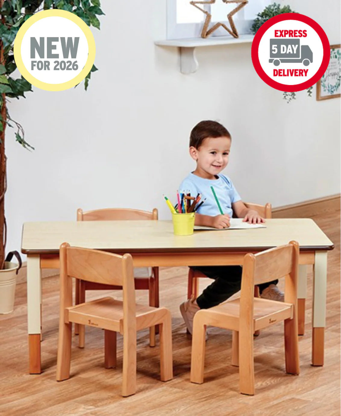 Small Rectangular Adjustable Table (W960xD695) + 4 Beech Stacking Chairs