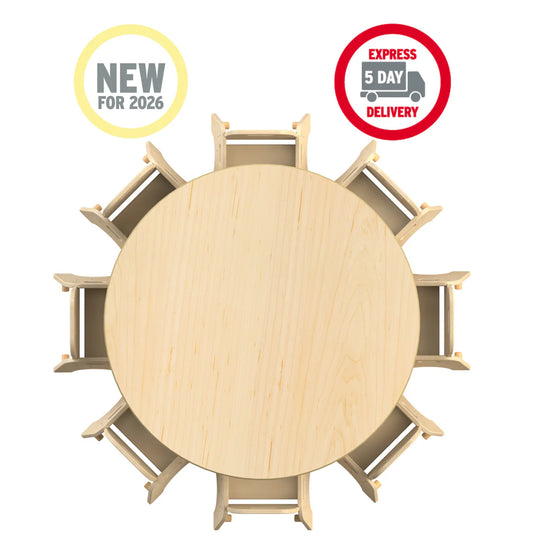 Large Circular Adjustable Table (1200mm Dia) + 8 Sturdy Chairs